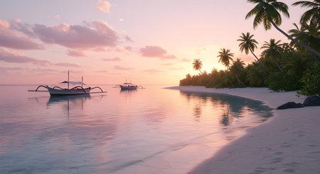 AI generative image of a traditional Indonesian fishing boat resting on calm tropical waters during a colorful sunset. Showcasing the serene beauty of Indonesiaâs coastal nature.の素材