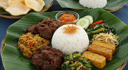 Traditional Indonesian meal served on a banana leaf, featuring rice, rendang, tempeh, and assorted vegetables. A representation of authentic Indonesian cuisine.の素材