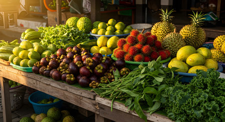 A vibrant display of tropical fruits and vegetables at an outdoor market, showing the richness of local produce and traditional trade.の素材