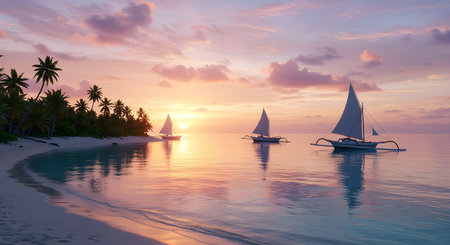 A stunning tropical beach in Indonesia during sunset, with boats sailing across calm waters and palm trees along the shore.の素材