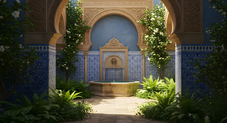 A traditional Moroccan-style garden with an ornate tiled fountain surrounded by plants. A perfect representation of Islamic architecture and exotic elegance.の素材
