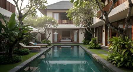 A modern tropical villa featuring a private pool, lush greenery, and open architecture that blends nature with luxury. (AI generated image)の素材