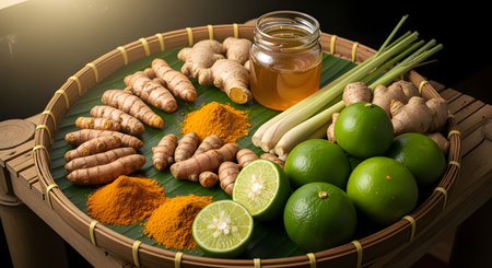 A flat lay of Indonesian herbal ingredients such as turmeric, ginger, lemongrass, lime, and honey arranged neatly on a woven tray. (AI generated image)の素材