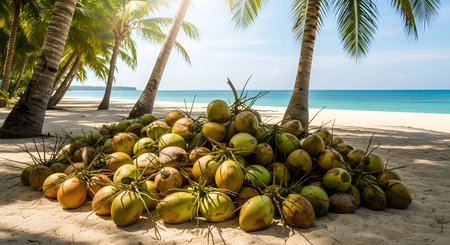 Piles of coconuts lying on a sandy beach surrounded by palm trees, under bright tropical sunlight with the blue ocean in the background. (AI generated image)の素材