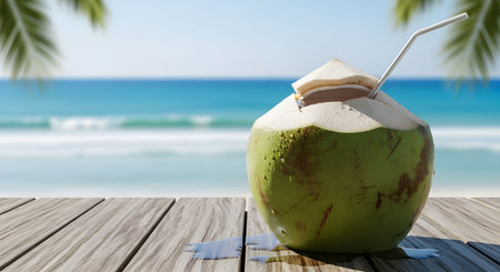 A fresh young coconut with a straw sitting on a wooden deck by the sea, overlooking turquoise water and a clear blue sky. A relaxing tropical atmosphere. (AI generated image)の素材