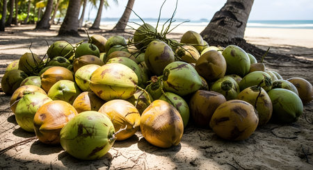 A large pile of freshly harvested green coconuts placed on white sand under palm trees, surrounded by tropical sunlight. (AI generated image)の素材