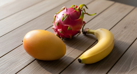 Still life of tropical fruits including dragon fruit, mango, and banana placed on a wooden surface with soft natural lighting. Healthy and colorful composition. AI generative imageの素材