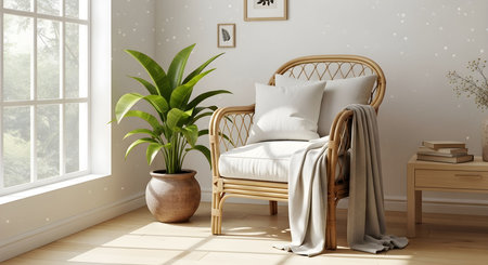 Bright cozy corner featuring a rattan chair, indoor plant, soft blanket, and natural sunlight. Warm minimalist living room interior concept. AI generative image.の素材
