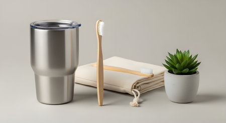 AI-generated image of sustainable bathroom essentials such as toothbrush, tumbler, notebook, and small indoor plant arranged neatly on a minimalist desk. Ideal for eco lifestyle.の素材