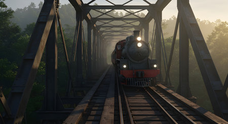 AI-generated image of a vintage steam locomotive crossing an old iron bridge through misty light. The warm atmosphere and nostalgic mood evoke classic travel and historical.の素材