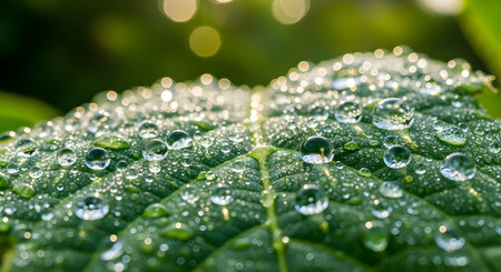 Macro photo of green leaf covered with sparkling dew drops after rain. Natural freshness and clarity symbolizing purity and growth.の素材