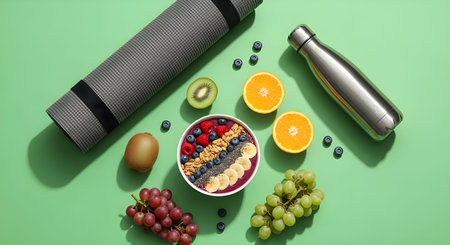Top-view composition featuring yoga mat, water bottle, dumbbell, and fresh fruits like grapes, oranges, and berries on a pastel green background. Perfect for wellness, and diet.の素材