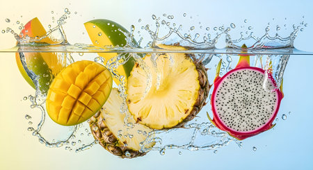 Dynamic shot of tropical fruits such as mango, pineapple, and dragon fruit splashing into clear water, with droplets frozen in motion. Perfect for health, freshness.の素材