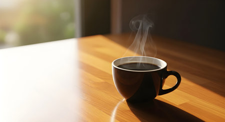 Steaming cup of coffee placed on wooden table in warm sunlight. Cozy and inviting atmosphere symbolizing morning relaxation and energy.の素材