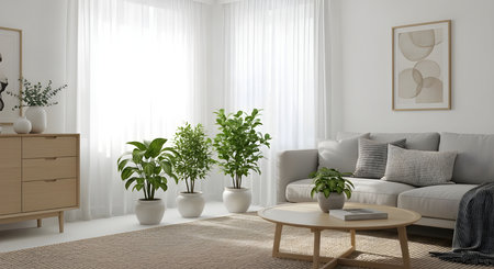 Bright modern living room with gray sofa, indoor plants, and sunlight streaming through white curtains. A calm and cozy space ideal for home decor, real estate, or lifestyle designの素材