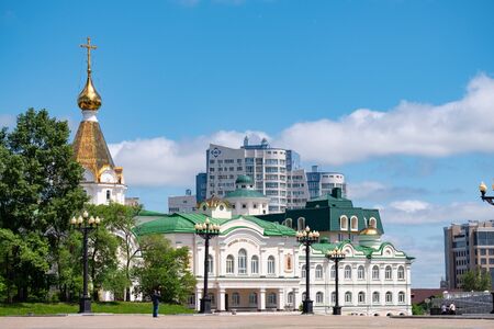 Spaso-Preobrazhensky Cathedral in Khabarovsk on the background of blue cloudy sky.