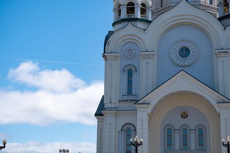 Spaso-Preobrazhensky Cathedral in Khabarovsk on the background of blue cloudy sky.のeditorial素材