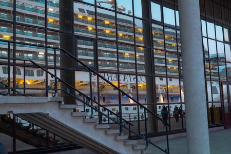 Liner Costa Serena in the seaport of Vladivostok during sunset.のeditorial素材