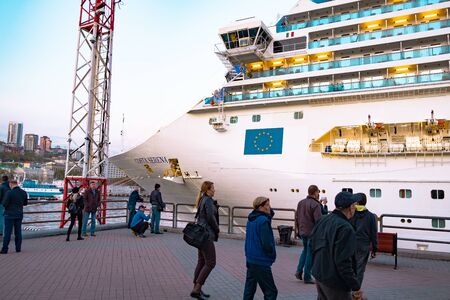 Liner Costa Serena in the seaport of Vladivostok during sunset.のeditorial素材
