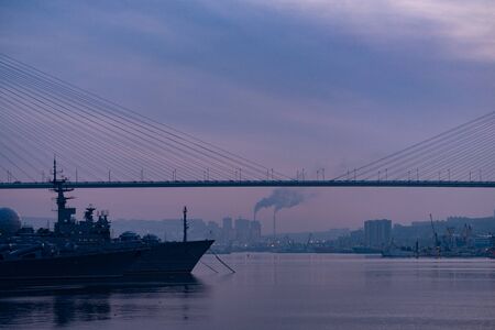 Vladivostok, Russia - Jan 09, 2020: View of the Golden horn bridge in winter. Russia. Vladivostok