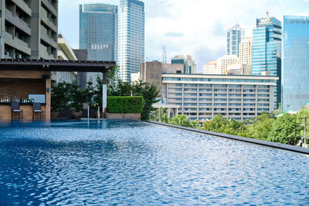 Manila, Philippines - Feb 02, 2020. Pool bar on the rooftop of the luxury five-star Discovery Primea...