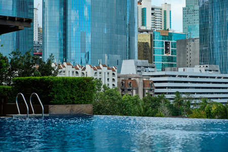 Manila, Philippines - Feb 02, 2020. View of the city of Manila from the pool of the luxury five-star...