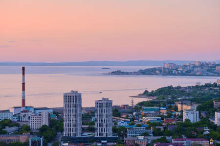 Vladivostok, Russia - Jun 11, 2020: view of the Amur Bay at sunset.の写真素材