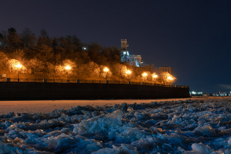 Evening view of the city of Khabarovsk in the winter. The ice on the Amur river.の写真素材