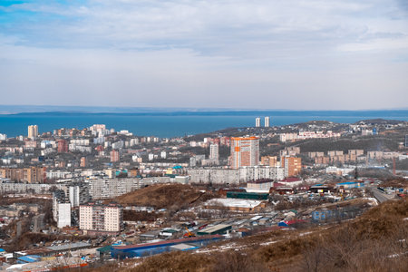 Panoramic view of the city of Vladivostok. City with sea view.のeditorial素材