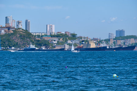 Day view of the bridges in the Golden horn Bay in summer when the sun is clear.のeditorial素材