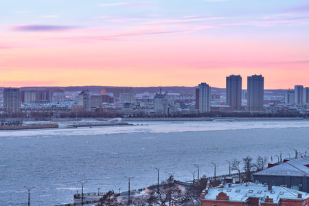 Blagoveshchensk, Russia - Dec 24, 2020: View of the Chinese city of Heihe from the embankment of the city of Blagoveshchensk.のeditorial素材