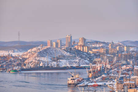 Vladivostok, Russia - Jan 28, 2021: Evening view of the city from the Eagle's Nest hill. The city after a snowstormのeditorial素材