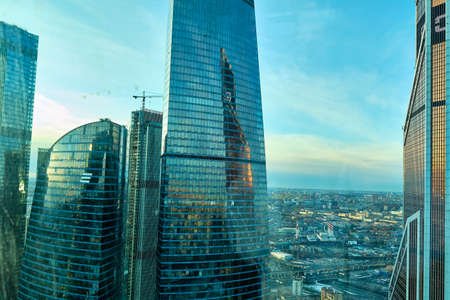 Moscow, Russia - Mar 16, 2020: View from the window of the Moscow city towers at sunset.のeditorial素材