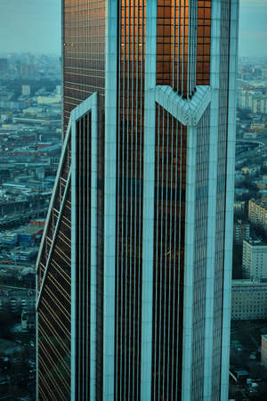 Moscow, Russia - Mar 16, 2020: View from the window of the Moscow city towers at sunset.のeditorial素材