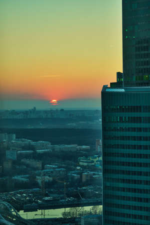 Moscow, Russia - Mar 16, 2020: View from the window of the Moscow city towers at sunset.のeditorial素材