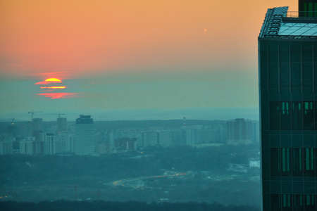 Moscow, Russia - Mar 16, 2020: View from the window of the Moscow city towers at sunset.のeditorial素材