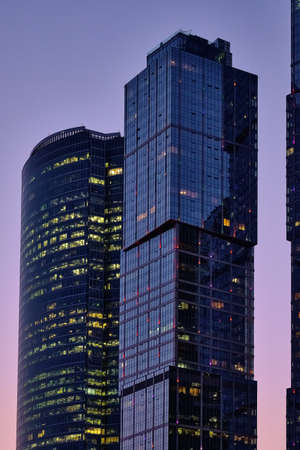 Moscow, Russia - Mar 16, 2020: View from the window of the Moscow city towers at sunset.