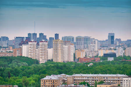 Moscow, Russia - May 26, 2021: View from the Cosmos hotel on the buildings of the city of Moscow. The surroundings around VDNKh and Ostankino TV Tower.のeditorial素材