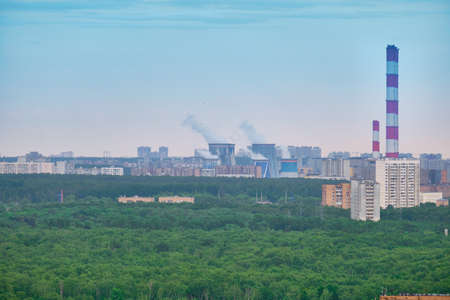 Moscow, Russia - May 26, 2021: View from the Cosmos hotel on the buildings of the city of Moscow. The surroundings around VDNKh and Ostankino TV Tower.のeditorial素材