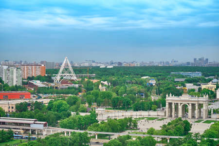 Moscow, Russia - May 26, 2021: View from the Cosmos hotel on the buildings of the city of Moscow. The surroundings around VDNKh and Ostankino TV Tower.のeditorial素材