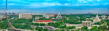 Moscow, Russia - May 26, 2021: Panoramic view from the Kosmos Hotel on the buildings of the city of Moscow. The surroundings around VDNKh and Ostankino TV Tower.のeditorial素材