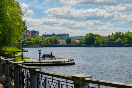 Kaliningrad, Russia - May 31, 2021: daytime view of the pond in the city of Kaliningrad in the summer.のeditorial素材