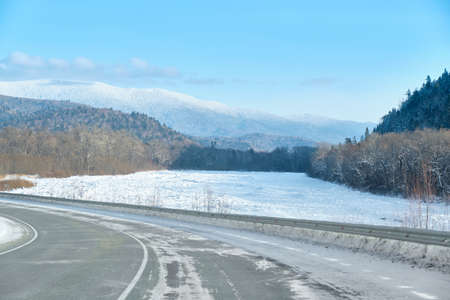 Sunset among the mountains on the road Lidoga-Vanino Khabarovsk territoryの写真素材