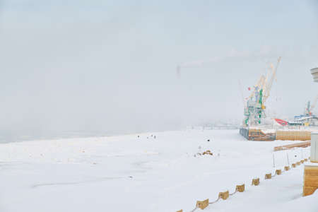 Khabarovsk, Russia - Nov 24, 2021: Culture and Recreation Park of Khabarovsk, Russia after heavy snowfall in the morning at sunrise. Trees in the snow.のeditorial素材