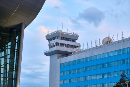 Khabarovsk, Russia - Sep 27, 2021: the international airport of Khabarovsk named after G. I. Nevelsky in the evening.のeditorial素材