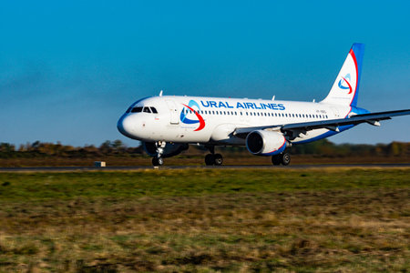 KHABAROVSK, RUSSIA - SEP 29, 2018: Airbus A320 VP-BBQ Ural Airlines is flying from the runway of Khabarovsk international airportのeditorial素材