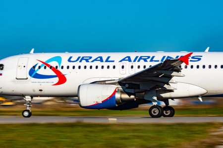 KHABAROVSK, RUSSIA - SEP 29, 2018: Airbus A320 VP-BBQ Ural Airlines is flying from the runway of Khabarovsk international airportのeditorial素材