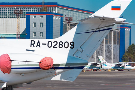 KHABAROVSK, RUSSIA - SEP 29, 2018: Hawker Siddeley HS-125-700A RA-02809 Weltall-Avia stands in Khabarovsk airport.のeditorial素材