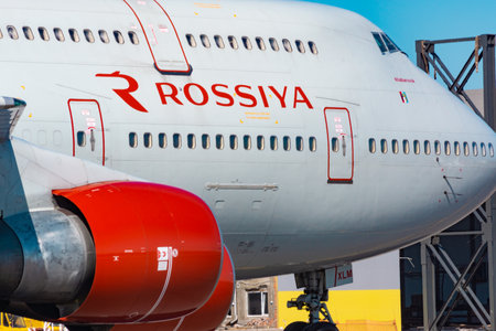 KHABAROVSK, RUSSIA - SEP 29, 2018: Aircraft Boeing 747-400 EI-XLM Russian Airlines prepares for takeoff at the airport of Khabarovsk.のeditorial素材