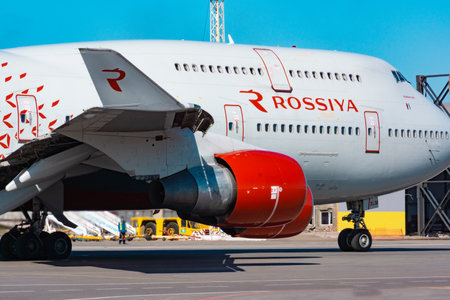 KHABAROVSK, RUSSIA - SEP 29, 2018: Aircraft Boeing 747-400 EI-XLM Russian Airlines prepares for takeoff at the airport of Khabarovsk.のeditorial素材